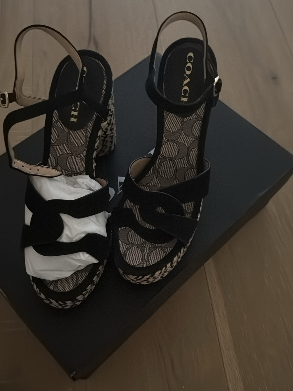 Coach Black and Tan Woven Platform Sandals - Picture 2 of 2